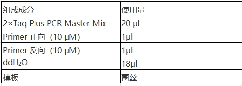 Simgen-快速DNA提取檢測試劑盒，2×Taq Plus PCR Master -配置PCR擴增體系，將菌絲直接加入體系中進(jìn)行PCR擴增